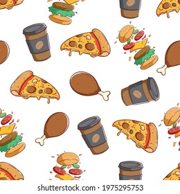 fast food seamless pattern with colored hand draw sytle