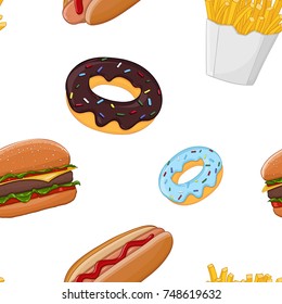 Fast food seamless pattern. Colored vector illustration isolated on white background