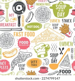 Fast food seamless pattern colorful with best snacks for street lunch for diner or cafe menu design vector illustration