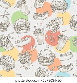 Fast food seamless pattern colorful with unhealthy fried potatoes and high-calorie burgers or soda and hot dogs vector illustration