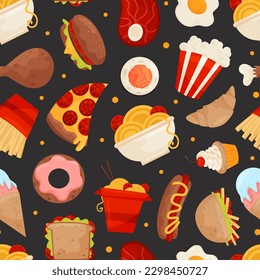 Fast Food Seamless Pattern Design with Hamburger, Popcorn, Sweet and Hot Dog Vector Template
