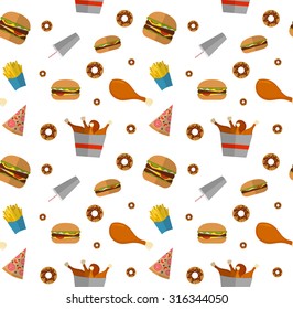 Fast food seamless pattern design isolated on white. Illustration of Flat style unhealthy food, diet or restaurant menu elements. Hamburger, cheeseburger, fried chicken, french fries, pizza, donut.