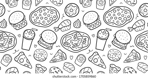 Fast food seamless pattern, doodle linear vector texture for delivery restaurant, various sushi rolls and pizza, cola soda drink, outline drawing, hamburgers and donuts, american food wrapping paper