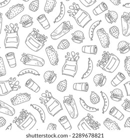 Fast food seamless pattern with doodle icons.Cartoon hand drawing style vector background with burger, taco, burrito, coffee, chicken for wrapping, packaging paper, restaurant, delivery, menu, wallpap