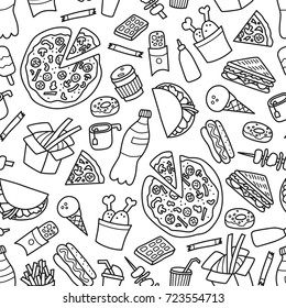 Fast food. Seamless pattern in doodle and cartoon style. 