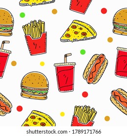 Fast food seamless pattern draw in colorful doodle style suitable for background or wallpaper 