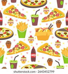 Fast food seamless pattern. Fastfood meal. Pizza and fried potato snack. Sweet cupcake. Soda drink. Cola bottle. Wok noodle cooking. Repeated print. Pizzeria cuisine. Coffee cup. Vector background