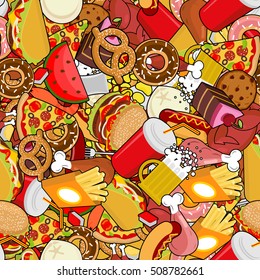Fast Food seamless pattern. Feed ornament. meat background. Pizza and taco. French fries and hamburger. Hotdog and cookies. Baked turkey and watermelon. Pork and cake. Donuts and dumplings

