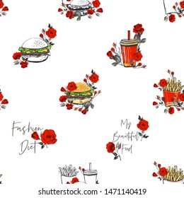 Fast food seamless pattern with flowers. Unhealthy dishes in beautiful flower decor. Fashion vector fashion sketch. Vintage fabric print. White background.