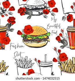 Fast food seamless pattern with flowers. Unhealthy dishes in beautiful flower decor. Fashion vector fashion sketch. Vintage fabric print. White background.