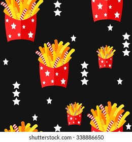 Fast food seamless pattern. Geometric background with takeaway french fries in red box