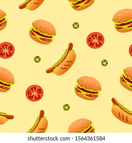 Fast food seamless pattern with hamburger, hot dog, slices of tomatoes and jalapenos on yellow background vector illustration