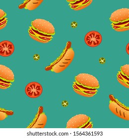 Fast food seamless pattern with hamburger, hot dog, slices of tomatoes and jalapenos on turquoise background vector illustration