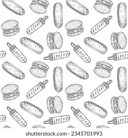 Fast food seamless pattern with hamburger and hot dog in vintage hand drawn style. Engraving graphic design for menu, banner, cover. Vector retro background.