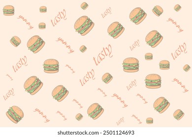 Fast food seamless pattern with Hamburger and texts Vector background for restaurant menus, street food advertisements, advertisements