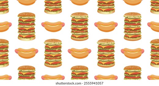 Fast Food Seamless Pattern with Hamburger and Sausages Vector Repeat Design