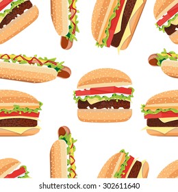 Fast Food seamless pattern hamburger and Hot Dog
