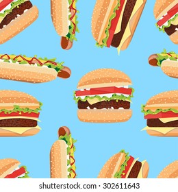 Fast Food seamless pattern hamburger and Hot Dog