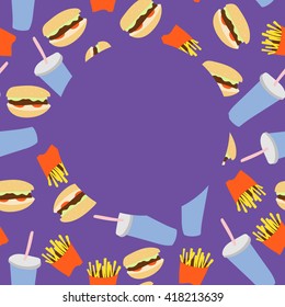 Fast food seamless pattern with hamburger, fries and soda in flat style.Vector illustration