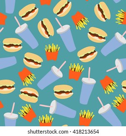 Fast food seamless pattern with hamburger, fries and soda in flat style.Vector illustration