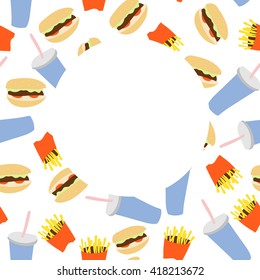 Fast food seamless pattern with hamburger, fries and soda in flat style.Vector illustration