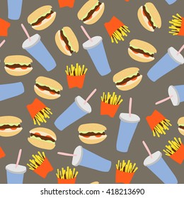 Fast food seamless pattern with hamburger, fries and soda in flat style.Vector illustration