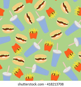 Fast food seamless pattern with hamburger, fries and soda in flat style.Vector illustration