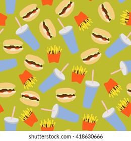 Fast food seamless pattern with hamburger, fries and soda in flat style.Vector illustration