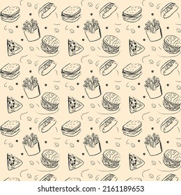 fast food seamless pattern . hamburgers, French fries, hot dogs,pizzas ,a glass of drink.vector illustration