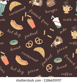 Fast Food Seamless Pattern. Hand Drawn Doodle Backround.