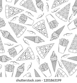 Fast food seamless pattern. Hand drawn pizza pieces, ice cream, French fries and hot pepper on white background. Monochrome fast food template. For restaurant menu and interior design.   