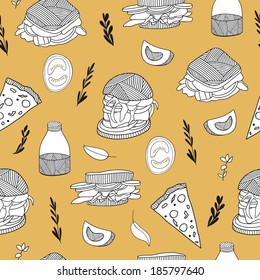 Fast food seamless pattern. Hand drawn background for kitchen and cafe stuff. Pattern is cropped with clipping mask so you can release it and easily edit