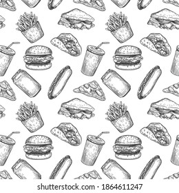 Fast food seamless pattern. Hand drawn pizza, burger and fries, hot dog, hamburger and cola for fast food menu wallpaper vector texture. Sketch junk meal and soda drink for menu design