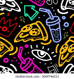 Fast food seamless pattern with hand drawn pizza, drink, crown, eye, lightning. Cute vector black background. Stylish youth design for print.