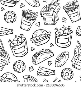 Fast food seamless pattern. Hand drawn outline seamless background in trendy doodle style. Black and white packaging design for delivery, restaurants, cafe