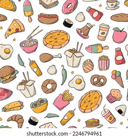 Fast food seamless pattern with hand drawn elements, doodles on white background. Wrapping paper, wallpaper, scrapbooking, textile prints, etc. EPS 10