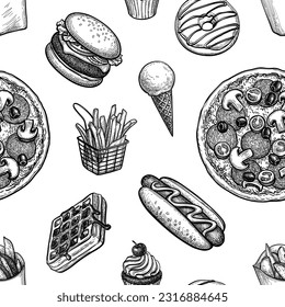 Fast food seamless pattern. Hand drawn vector illustration.