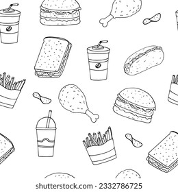 fast food seamless pattern hand drawn in doodle style.