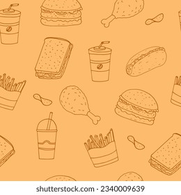 fast food seamless pattern hand drawn in doodle style.