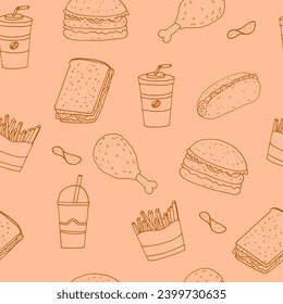 fast food seamless pattern hand drawn in doodle style.