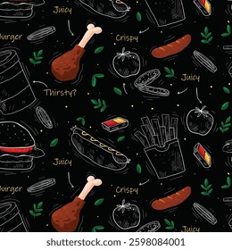 Fast Food seamless pattern in Hand Drawn Doodle Style with sketh Objects on Junk kitchen Theme with lettering. Chalkboard Design. Vector illustration.