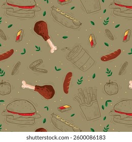 Fast Food seamless pattern in Hand Drawn Doodle Style with sketh Objects on Junk kitchen Theme with lettering. Chalkboard Design. Vector illustration.