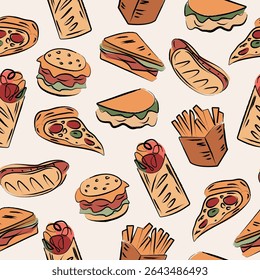 Fast Food Seamless Pattern Hand Drawn Style. Colorful Ornament with Pizza, Burger, Sandwich. Trendy Contemporary Design for Fabric, Prints, Social Media, Textile, Fabric, Menu Design. Not AI