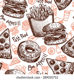 Fast food seamless pattern with hand drawn french fries pizza and doughnut vector illustration