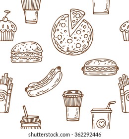 Fast food seamless pattern. Hand drawn food background. Hot dog, hamburger, pizza, cupcake, coffee. Background template for restaurant design. Vector illustration