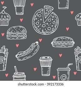 Fast food seamless pattern. Hand drawn food background. Hot dog, cupcake, hamburger, pizza, coffee. Background template for restaurant design. Vector illustration