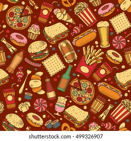 Fast Food Seamless Pattern in Hand Drawn Doodle Style with Different Objects on Fast Food Theme. All elements are separated and editable. Vector stock Illustration. 
