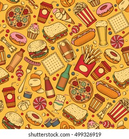 Fast Food Seamless Pattern in Hand Drawn Doodle Style with Different Objects on Fast Food Theme. All elements are separated and editable. Vector stock Illustration. 