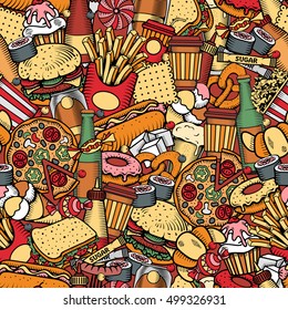 Fast Food Seamless Pattern in Hand Drawn Doodle Style with Different Objects on Fast Food Theme. All elements are separated and editable. Vector stock Illustration. 