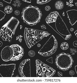 Fast food seamless pattern. Hand drawn vector illustration. Menu design with pizza, burritos, tacos, burgers and french fries. Engraved style image. 